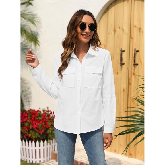 Women's Cotton Linen Button Down Shirt V Neck Long Sleeve Casual Loose Top - Picture 3 of 9